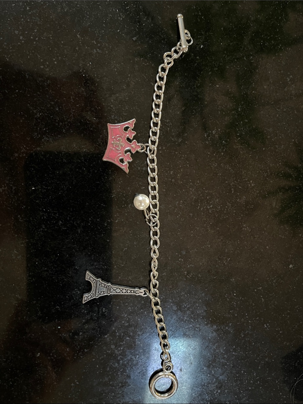 Vintage Silver-Tone Charm Bracelet with Pink Crown & Eiffel Tower